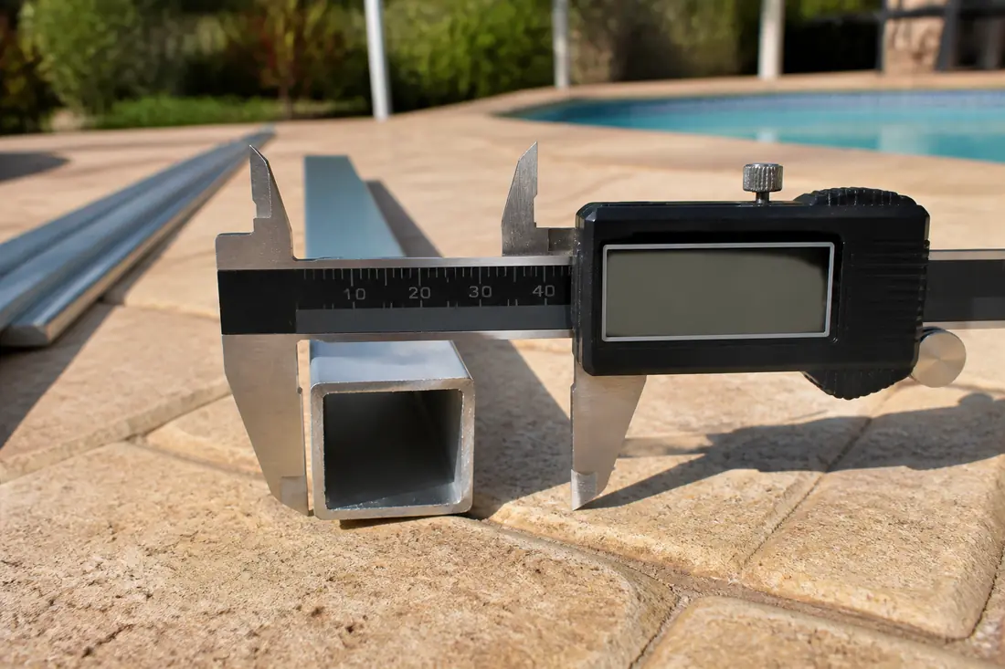 A digital caliper measuring the wall thickness at the cut end of an aluminum frame member