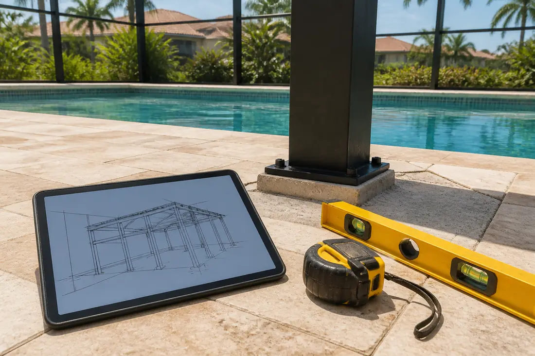 A tablet and measuring tools on a pool deck during a structural assessment